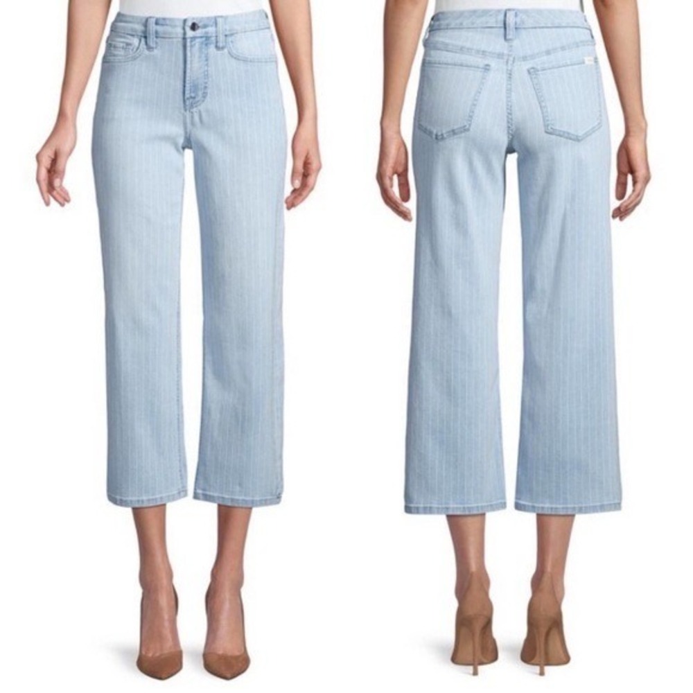 JEN7 by 7FAM Cropped Wide Leg Jeans Blue Pinstripe Stretch Denim‎ Size 16